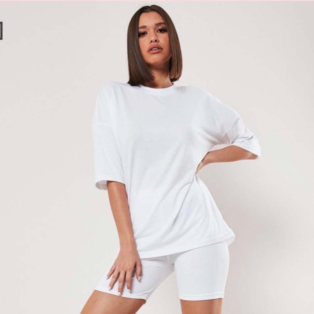White Oversized T Shirt Biker Short Co Ord Set